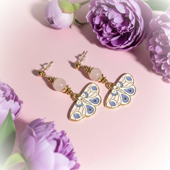 Boucles d'oreilles papillons quartz rose, apatite ou rhodochrosite - Secret de Cristaux