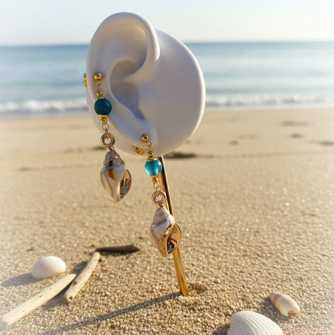 Boucles d'oreilles Coquillages dorée, pierre sur mesure - Secret de Cristaux