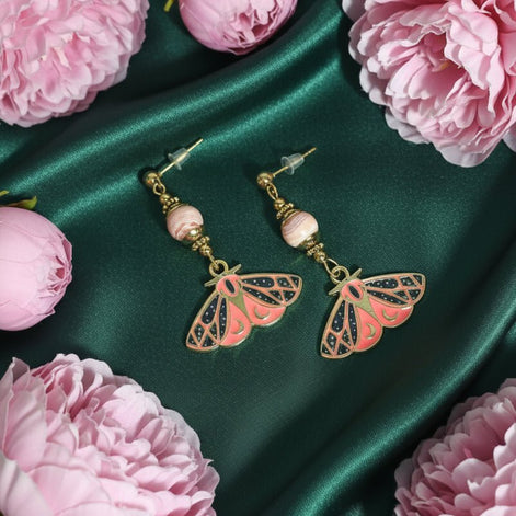Boucles d'oreilles papillons quartz rose, apatite ou rhodochrosite - Secret de Cristaux