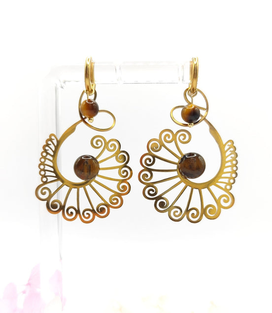 Boucles d'oreilles Paon doré et oeil de tigre sur anneau - Secret de Cristaux