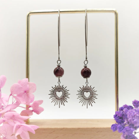 Boucles d'oreilles déclaration argenté en améthyste ou jaspe mokaite - Secret de Cristaux