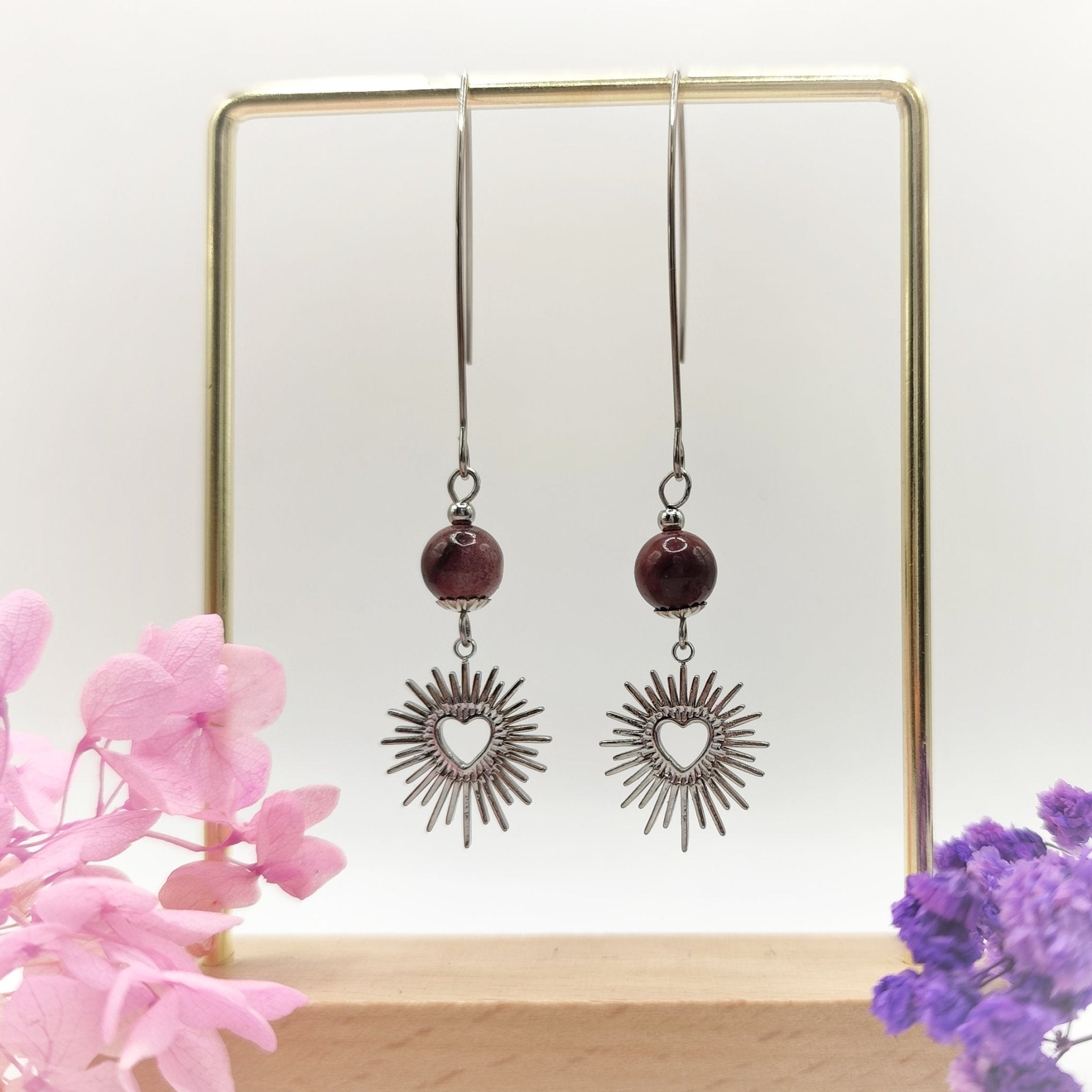 Boucles d'oreilles déclaration argenté en améthyste ou jaspe mokaite - Secret de Cristaux