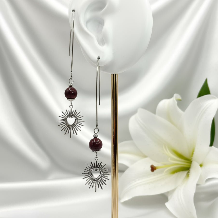 Boucles d'oreilles déclaration argenté en améthyste ou jaspe mokaite - Secret de Cristaux