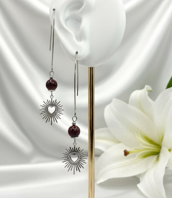 Boucles d'oreilles déclaration argenté en améthyste ou jaspe mokaite - Secret de Cristaux