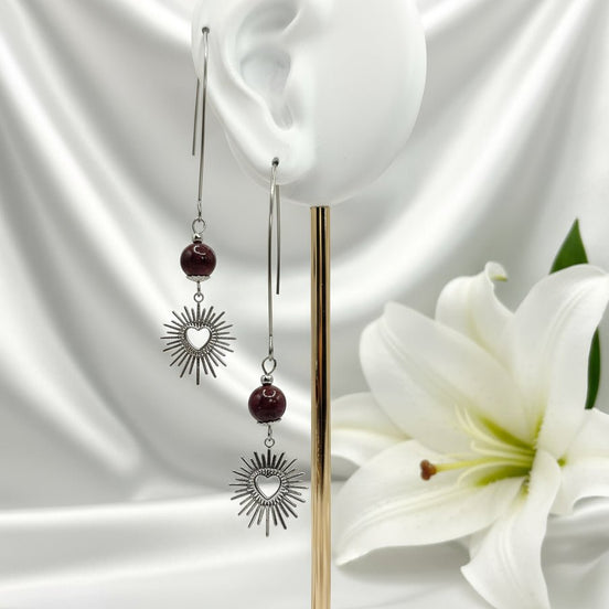 Boucles d'oreilles déclaration argenté en améthyste ou jaspe mokaite - Secret de Cristaux