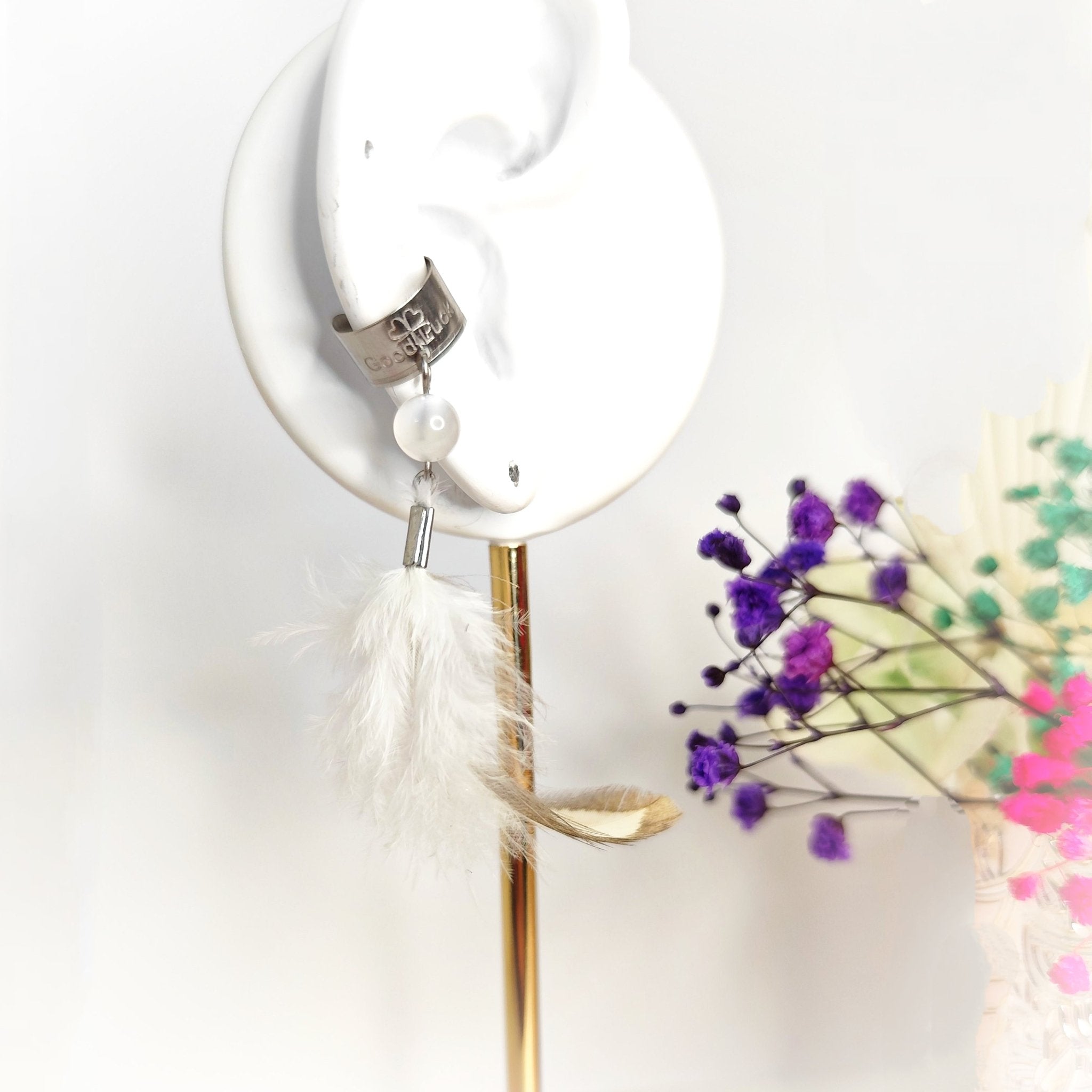 Anneau manchette doré chaman pierre et plume naturelle - Secret de Cristaux