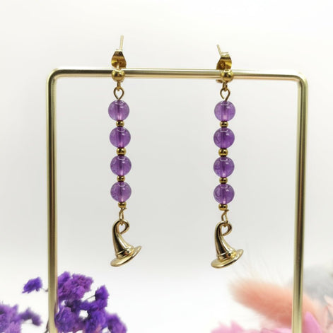 Boucles d'oreilles wicca doré en Obsidienne, améthyste, merlinite - Secret de Cristaux