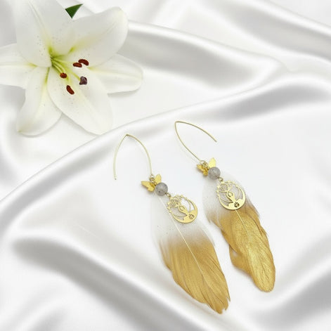 Boucles d'oreilles "plume divine" labradorite et papillon - Secret de Cristaux