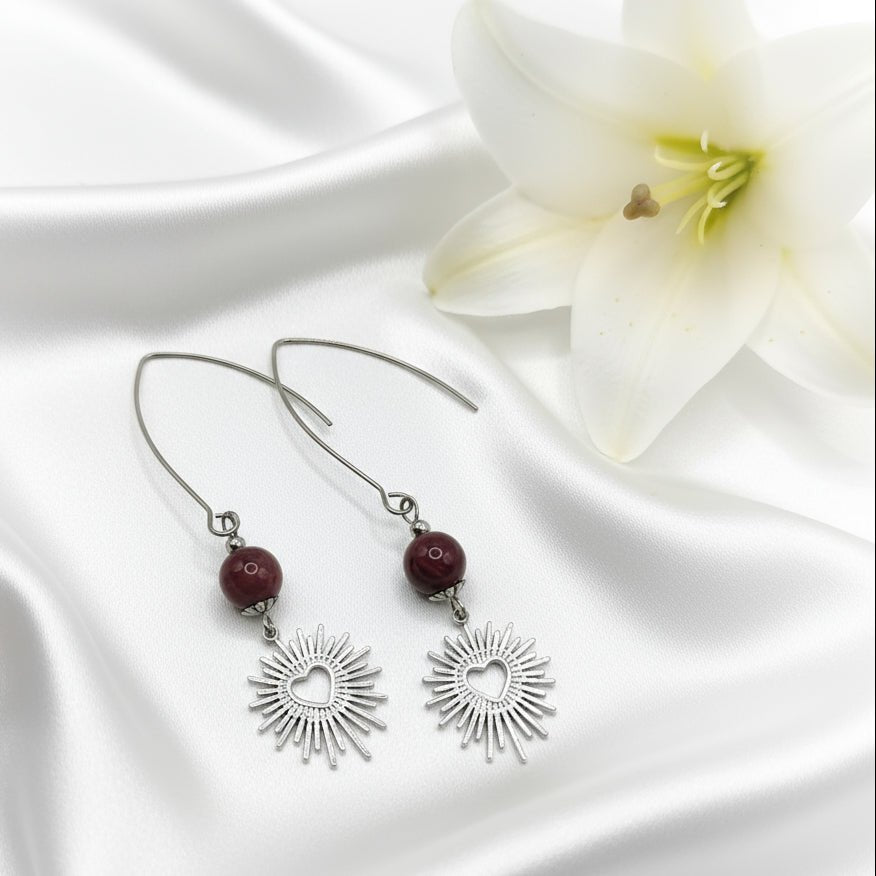 Boucles d'oreilles déclaration argenté en améthyste ou jaspe mokaite - Secret de Cristaux