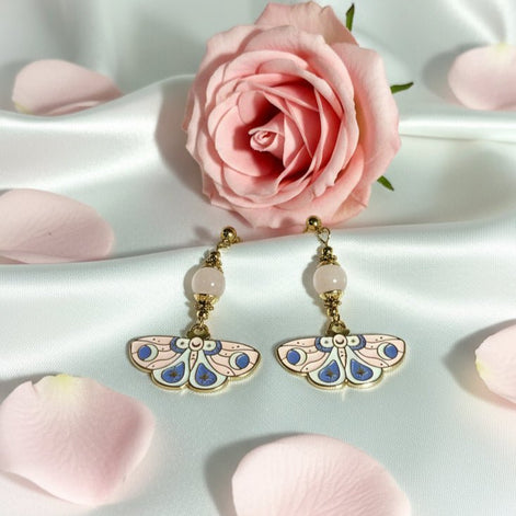 Boucles d'oreilles papillons quartz rose, apatite ou rhodochrosite - Secret de Cristaux