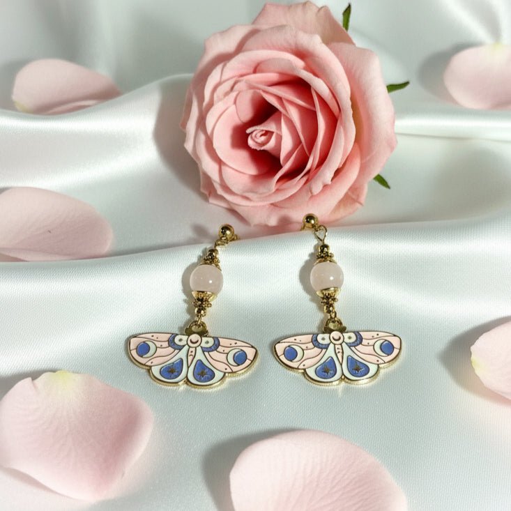 Boucles d'oreilles papillons quartz rose, apatite ou rhodochrosite - Secret de Cristaux