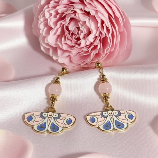 Boucles d'oreilles papillons quartz rose Secret de Cristaux