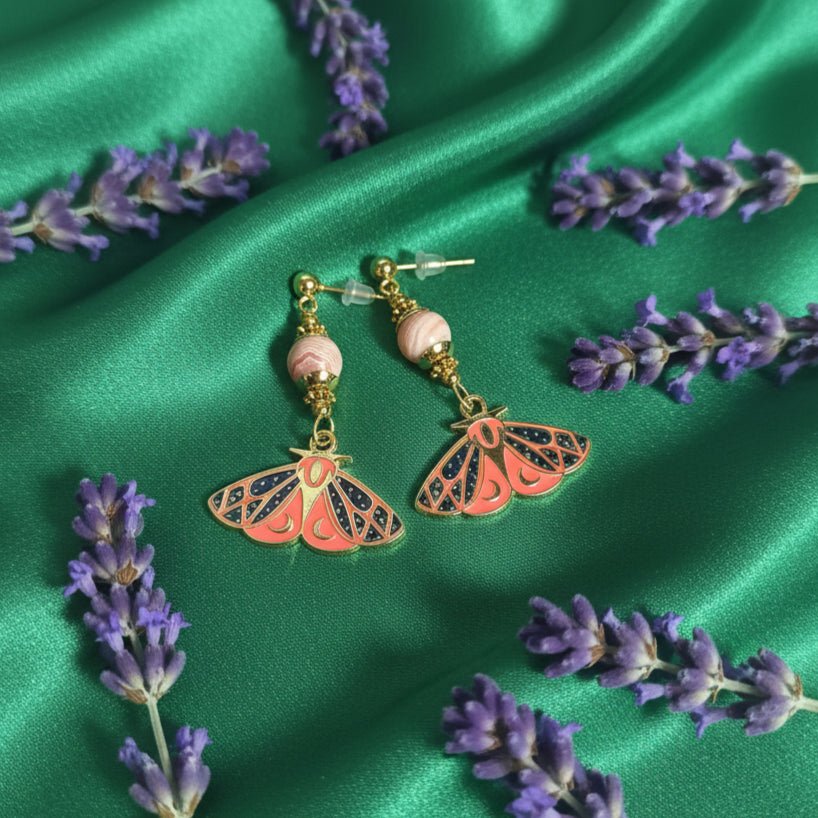 Boucles d'oreilles papillons quartz rose, apatite ou rhodochrosite - Secret de Cristaux