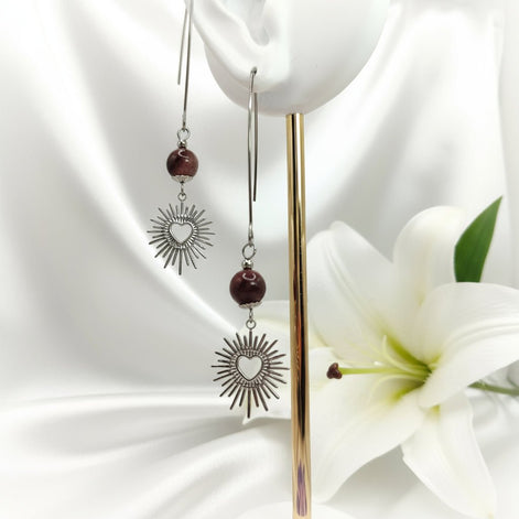 Boucles d'oreilles déclaration argenté en améthyste ou jaspe mokaite - Secret de Cristaux