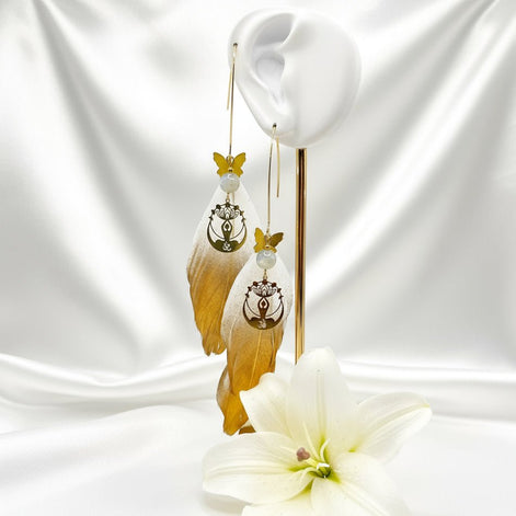 Boucles d'oreilles "plume divine" labradorite et papillon - Secret de Cristaux