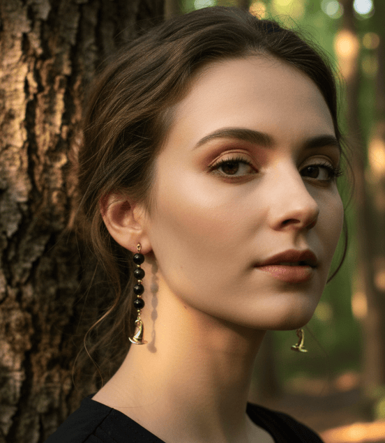 Boucles d'oreilles wicca doré en Obsidienne, améthyste, merlinite - Secret de Cristaux