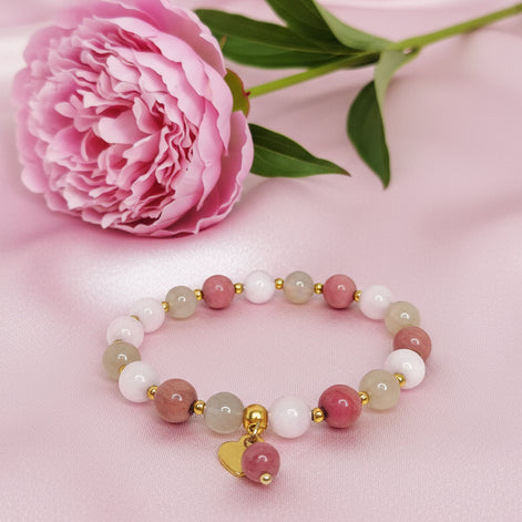 Bracelet flamme jumelle en kunzite, rhodonite, pierre de lune - Secret de Cristaux