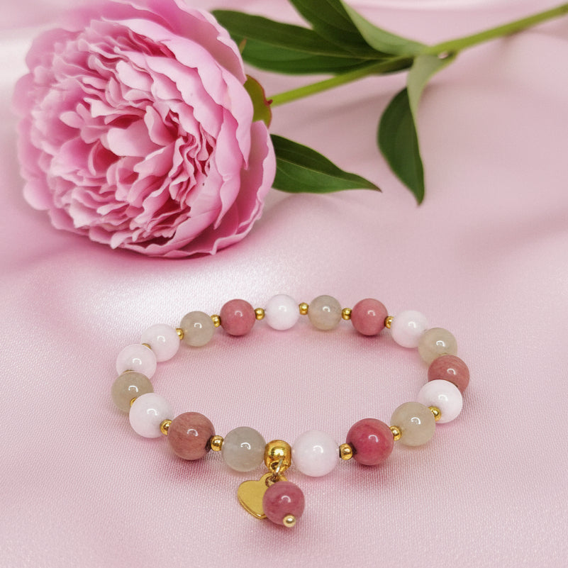 Bracelet flamme jumelle en kunzite, rhodonite, pierre de lune - Secret de Cristaux