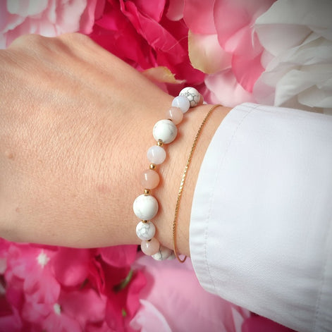 Bracelet ménopause en pierre de lune, calcédoine bleu, howlite - Secret de Cristaux