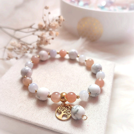 Bracelet ménopause en pierre de lune, calcédoine bleu, howlite - Secret de Cristaux