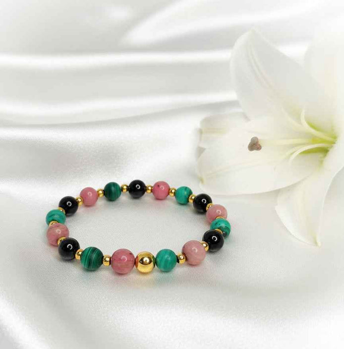 Bracelet deuil en pierre de rhodonite, malachite, tourmaline - Secret de Cristaux