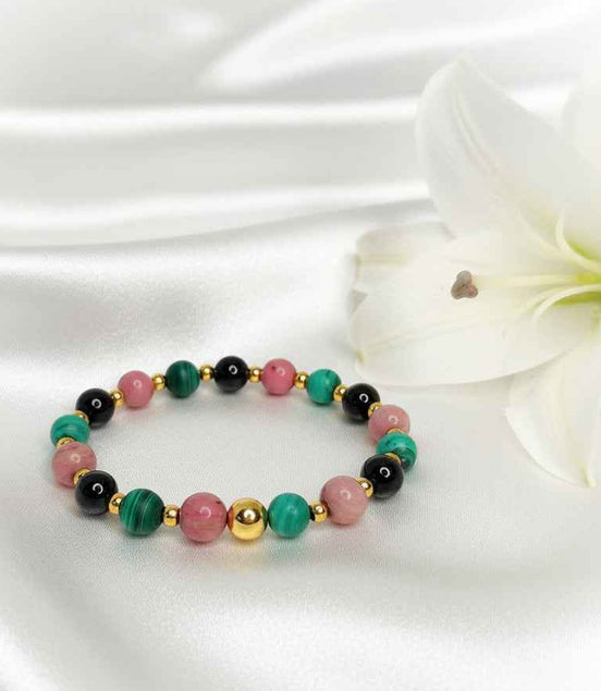Bracelet deuil en pierre de rhodonite, malachite, tourmaline - Secret de Cristaux