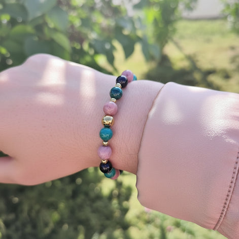 Bracelet deuil en pierre de rhodonite, malachite, tourmaline - Secret de Cristaux