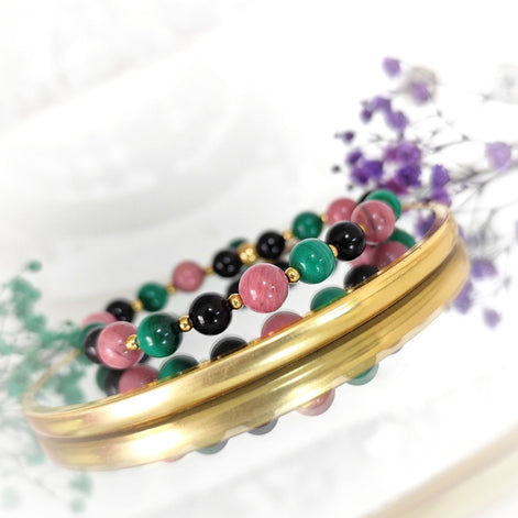 Bracelet deuil en pierre de rhodonite, malachite, tourmaline - Secret de Cristaux