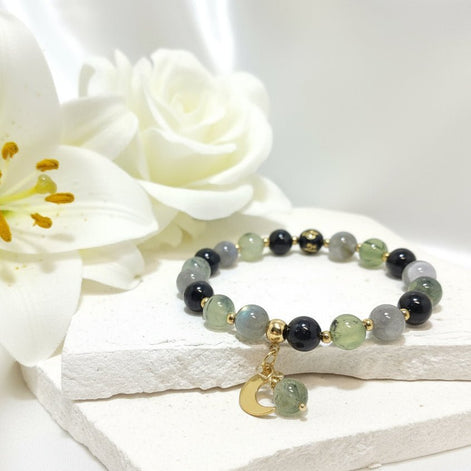Bracelet protection énergétique, Labradorite, tourmaline noire, préhnite - Secret de Cristaux