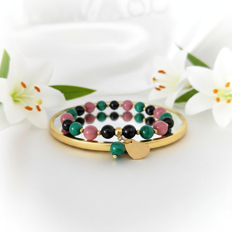Bracelet deuil en pierre de rhodonite, malachite, tourmaline - Secret de Cristaux