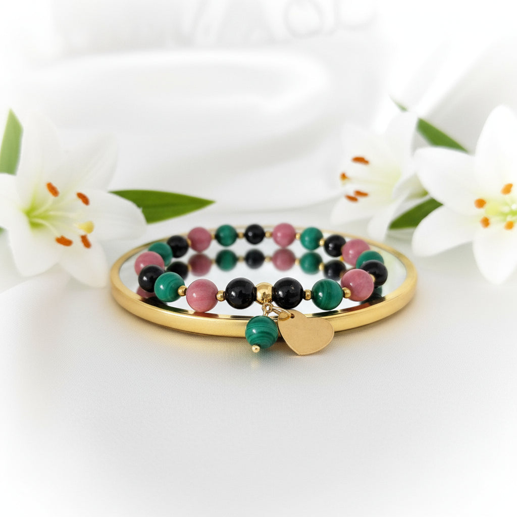 Bracelet deuil en pierre de rhodonite, malachite, tourmaline - Secret de Cristaux