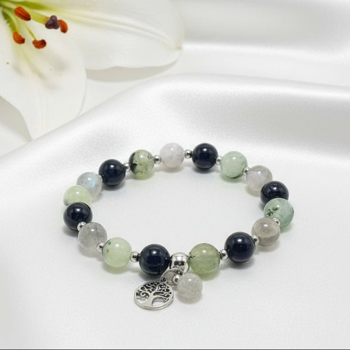 Bracelet protection énergétique, Labradorite, tourmaline noire, préhnite - Secret de Cristaux