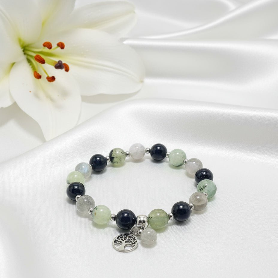 Bracelet protection énergétique, Labradorite, tourmaline noire, préhnite - Secret de Cristaux