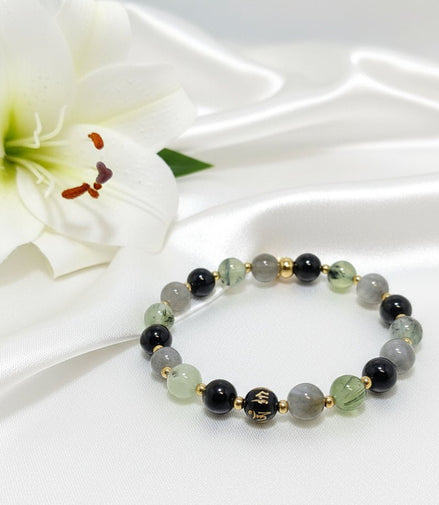 Bracelet protection énergétique, Labradorite, tourmaline noire, préhnite - Secret de Cristaux