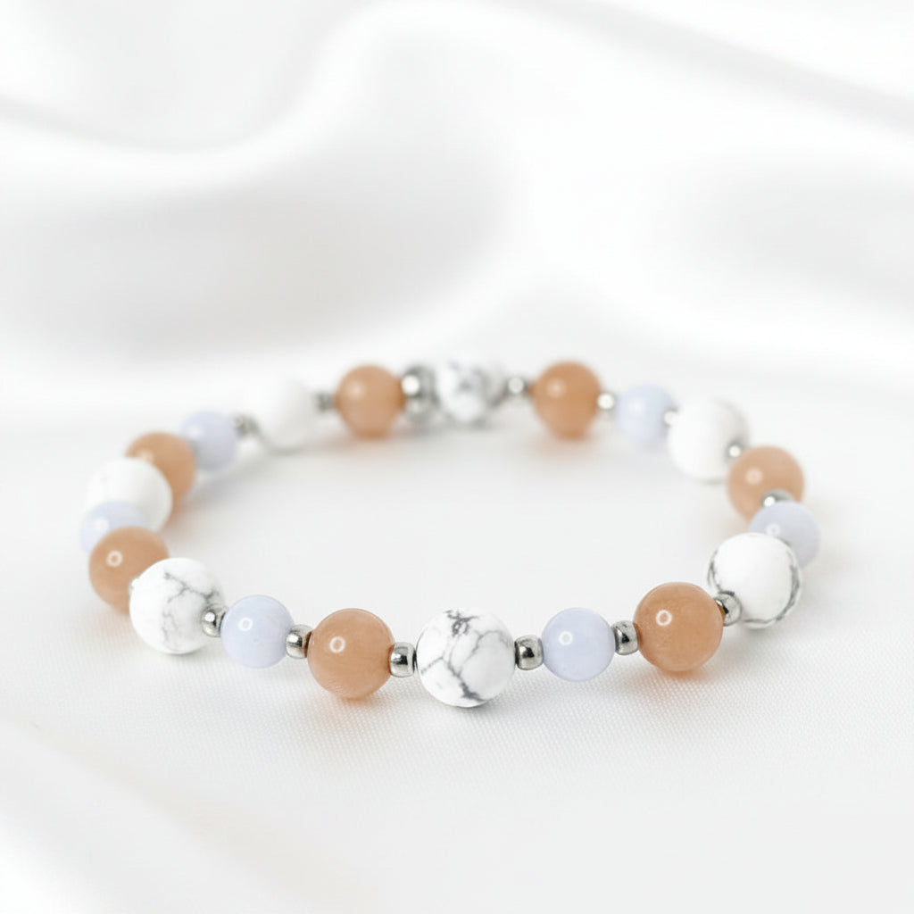 Bracelet pré ménopause en pierre de lune, calcédoine bleu, howlite 