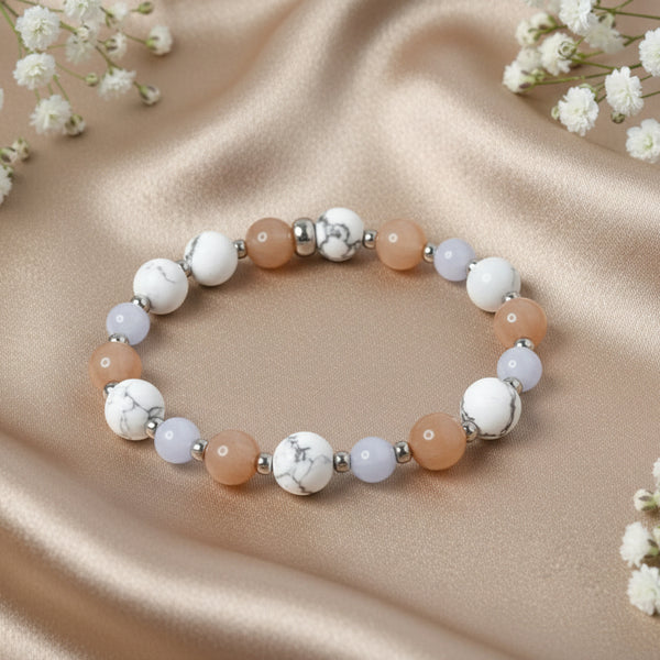 Bracelet pré ménopause en pierre de lune, calcédoine bleu, howlite 