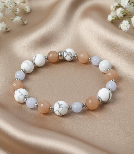 Bracelet pré ménopause en pierre de lune, calcédoine bleu, howlite 