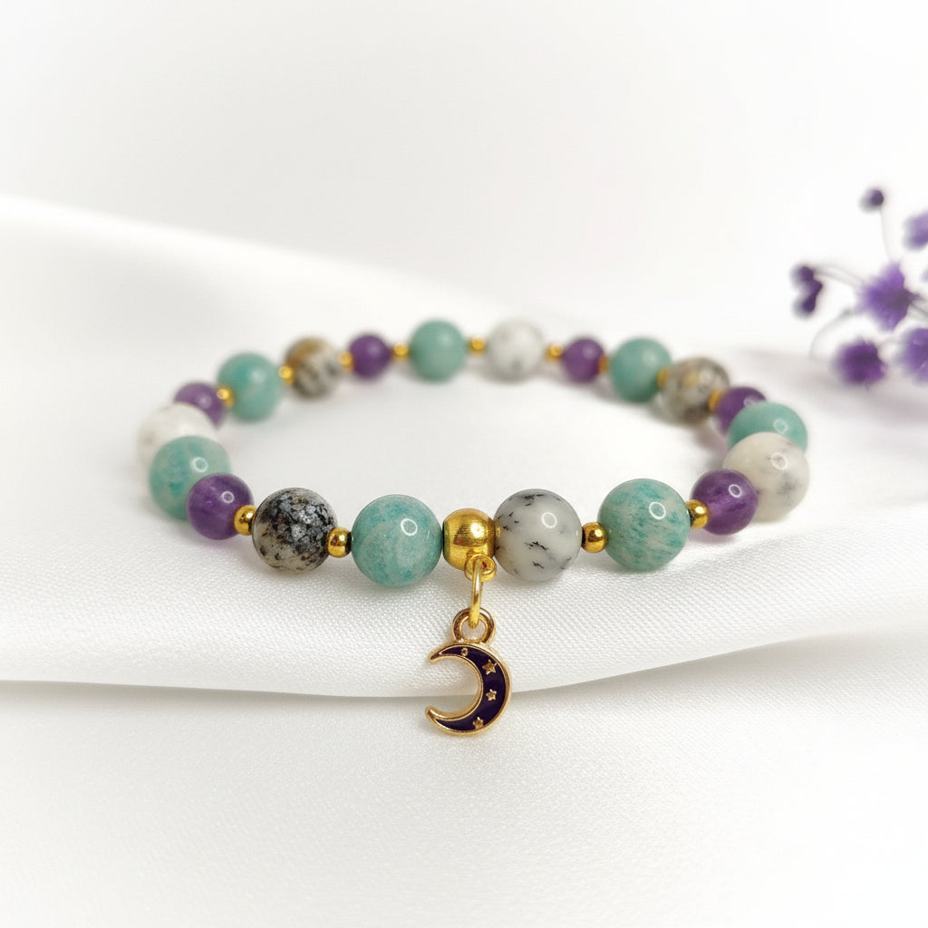 Bracelet Dépression burn - out en Amazonite, lépidolite, opale dendritique - Secret de Cristaux