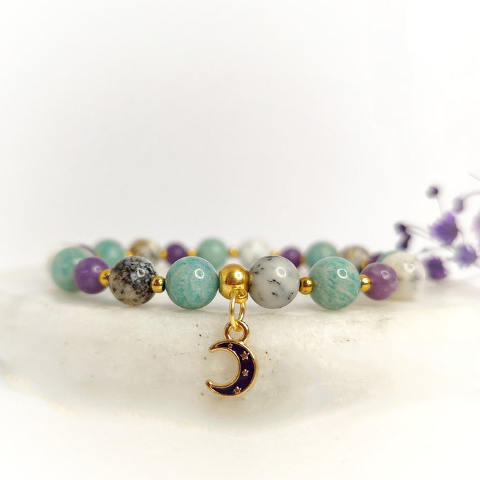 Bracelet Dépression burn - out en Amazonite, lépidolite, opale dendritique - Secret de Cristaux