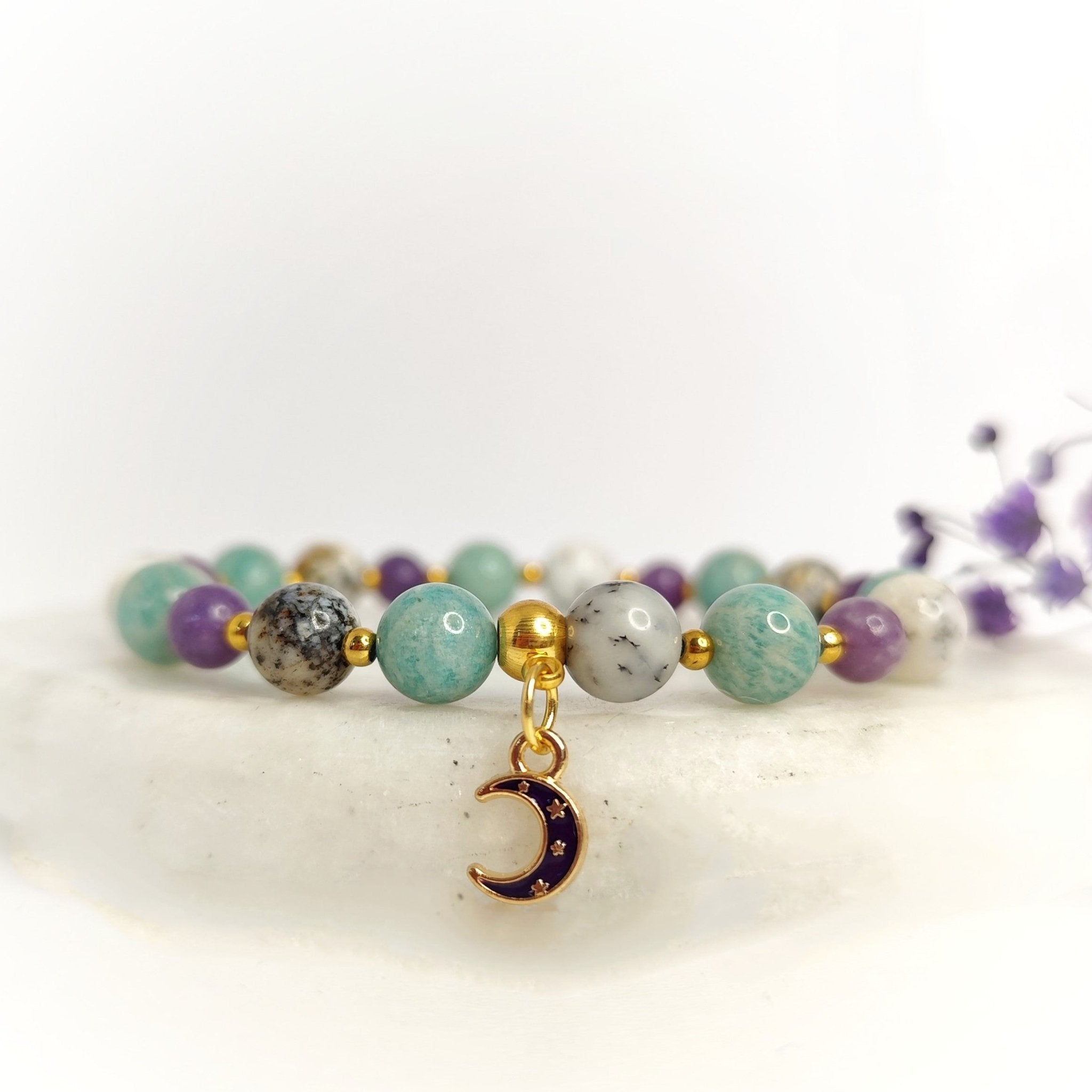 Bracelet Dépression burn - out en Amazonite, lépidolite, opale dendritique - Secret de Cristaux