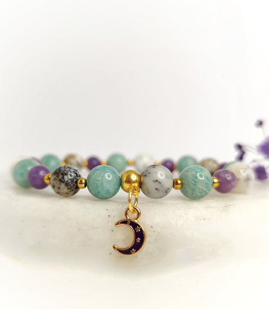 Bracelet Dépression burn - out en Amazonite, lépidolite, opale dendritique - Secret de Cristaux