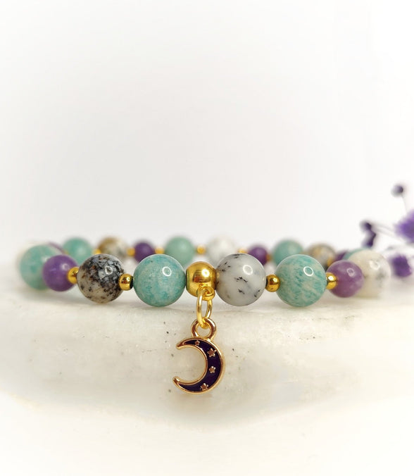 Bracelet Dépression burn - out en Amazonite, lépidolite, opale dendritique - Secret de Cristaux