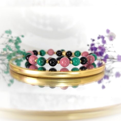 Bracelet deuil en pierre de rhodonite, malachite, tourmaline - Secret de Cristaux