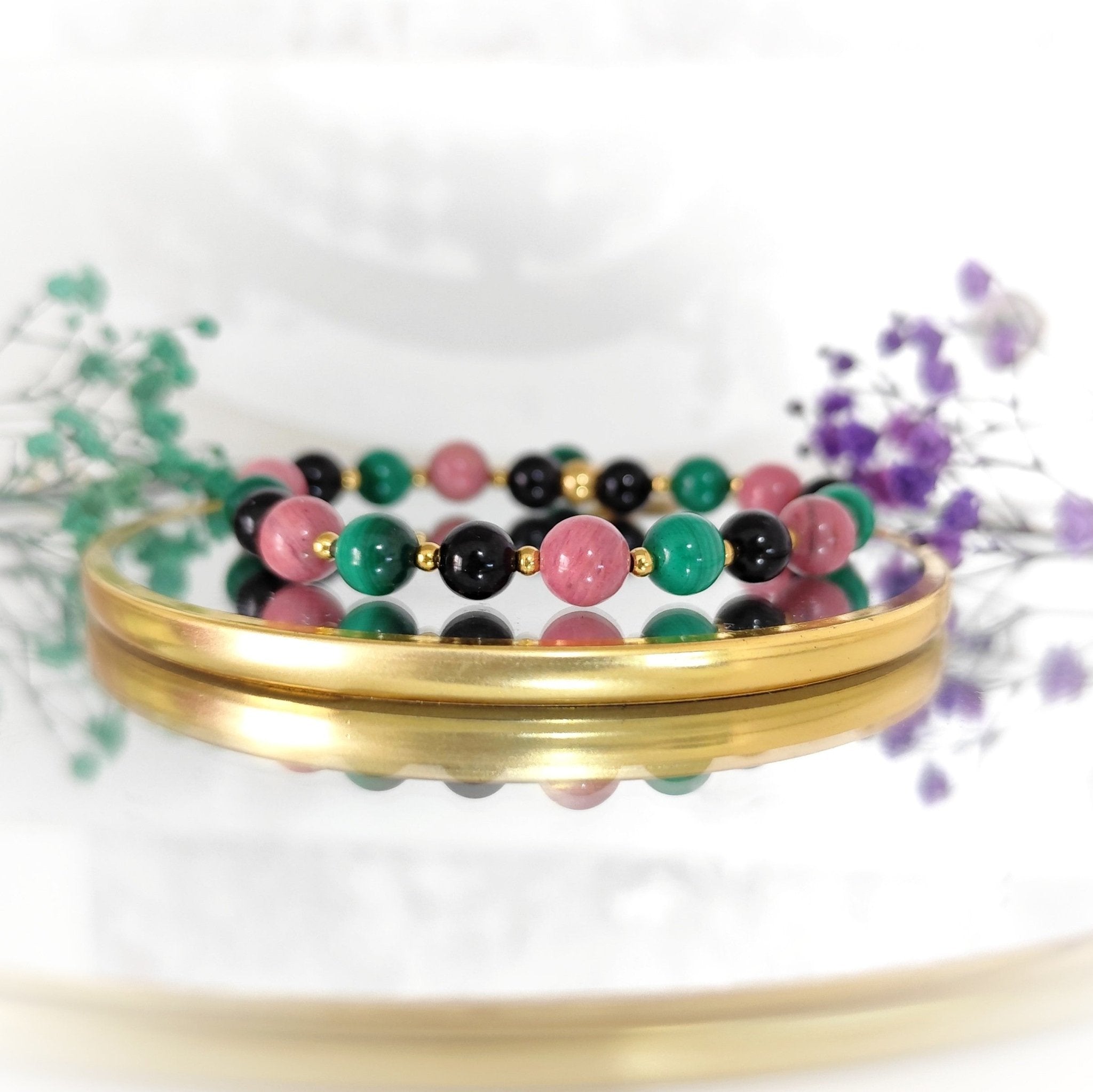 Bracelet deuil en pierre de rhodonite, malachite, tourmaline - Secret de Cristaux