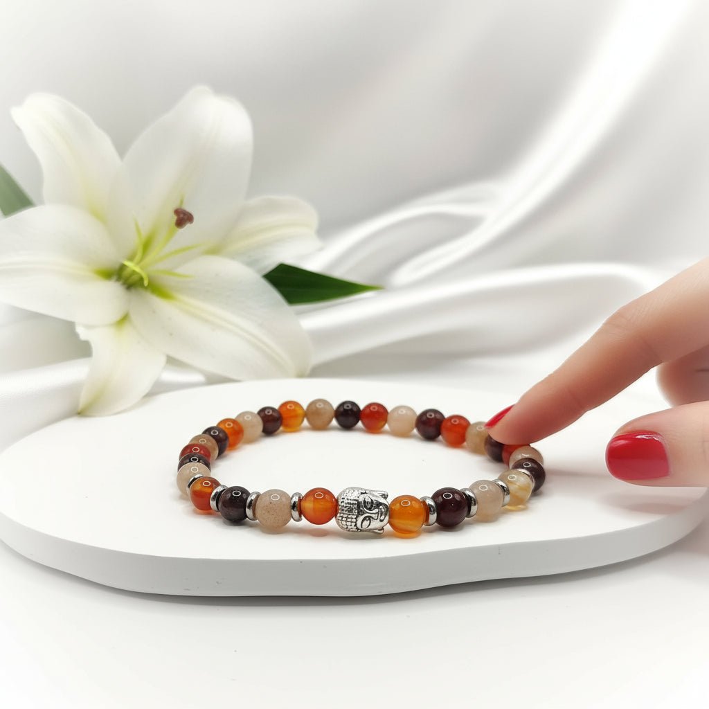 Bracelet Vitalité libido en cornaline grenat pierre de lune sur mesure - Secret de Cristaux