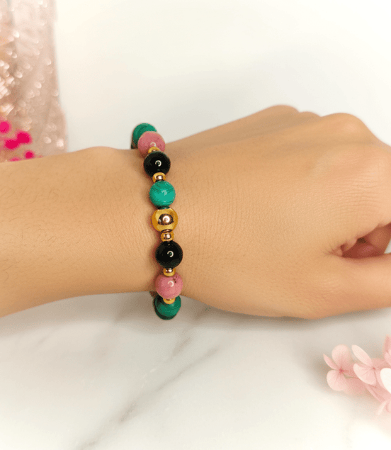 Bracelet deuil en pierre de rhodonite, malachite, tourmaline - Secret de Cristaux