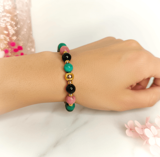 Bracelet deuil en pierre de rhodonite, malachite, tourmaline - Secret de Cristaux
