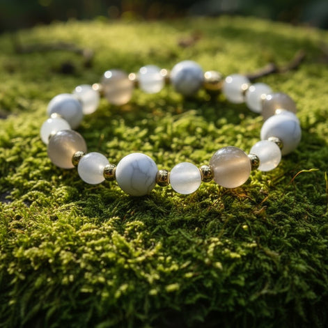 Bracelet ménopause en pierre de lune, calcédoine bleu, howlite - Secret de Cristaux