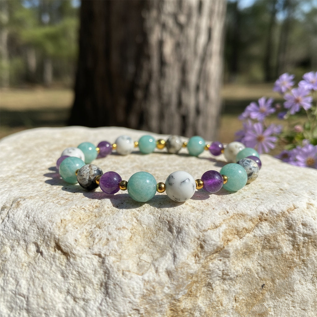 Bracelet Dépression burn - out en Amazonite, lépidolite, opale dendritique - Secret de Cristaux