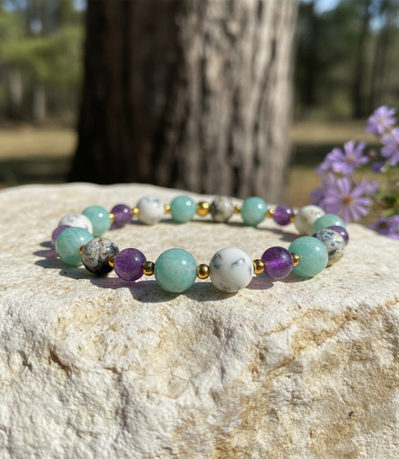 Bracelet Dépression burn - out en Amazonite, lépidolite, opale dendritique - Secret de Cristaux
